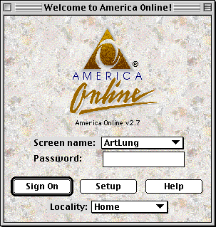 [Macintosh America Online Client Software sign on screen]