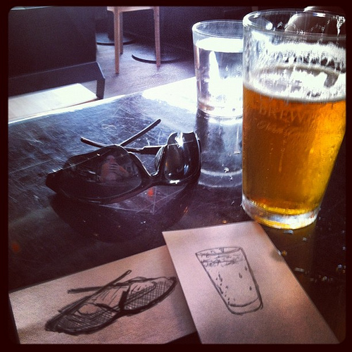Beer and sunglasses + drawing of beer and sunglasses
