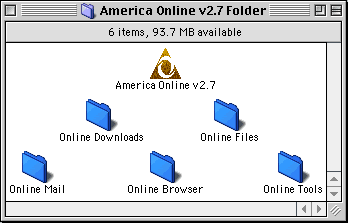 [Macintosh window with the AOL 2.7 icon and supporting folders]
